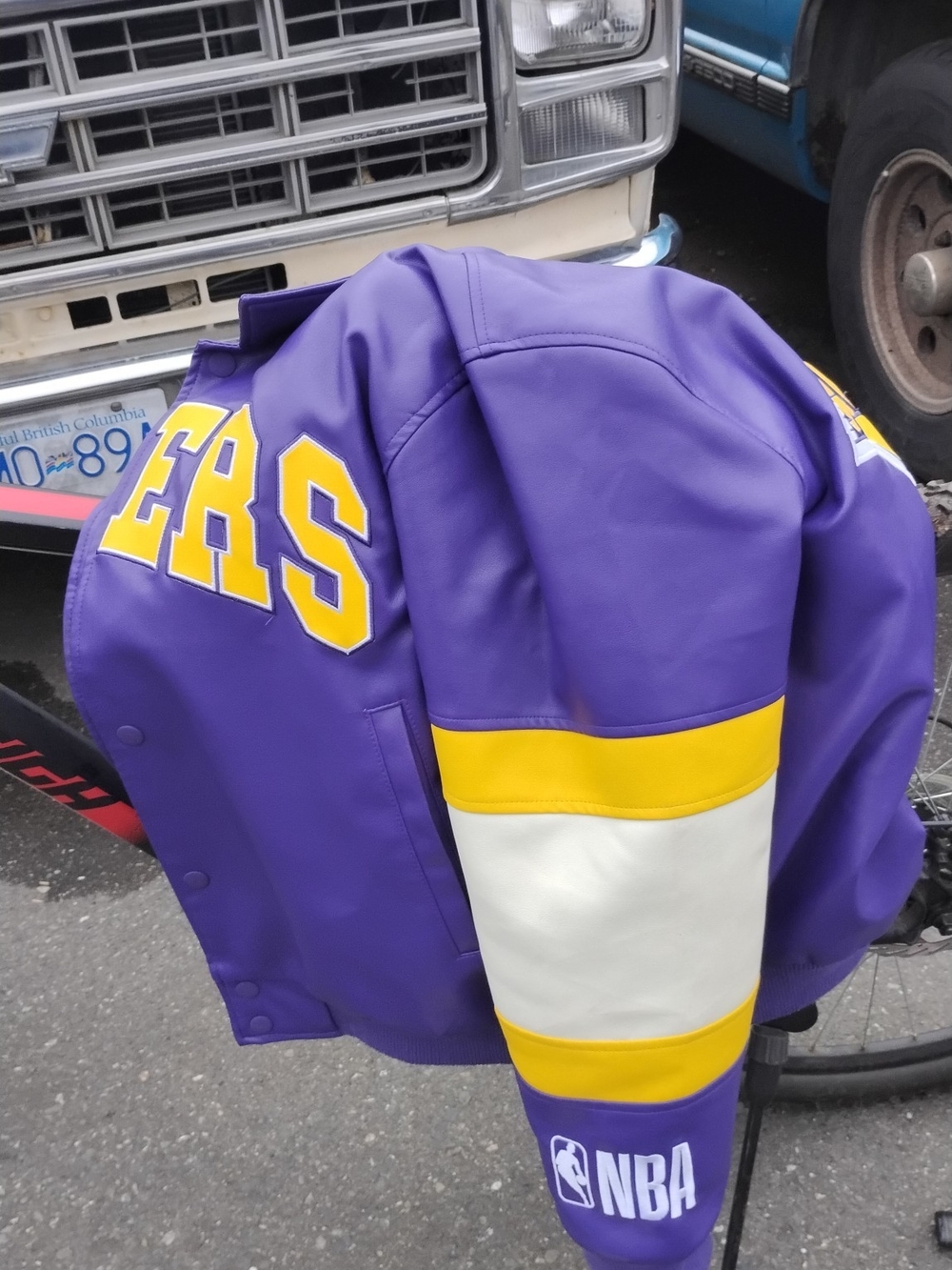 NBA Purple and Yellow Letterman Jacket with White Sleeve Panels